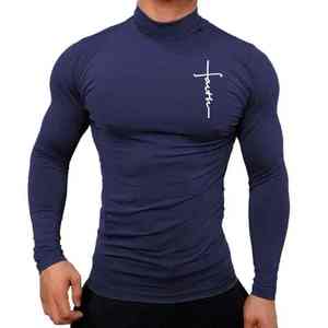 Nueva moda para hombre, camisetas activas de manga larga con cuello alto, camiseta de entrenamiento de gimnasio con diseño de camisetas musculares - Product Image 5