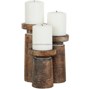 S/3 piliers de bougeoir en bois avec support en fer pour la décoration intérieure vaisselle salon chambre salle à manger utilisation de mariage - Product Image 2