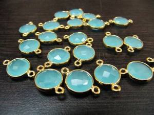 5 Pc Set-: Aqua Chalcedony <b>Coin</b> Shape Connectors Double Loop 10 mm to 11 mm, Briolette Bezel 24Kt Gold Plated - Product Image 2