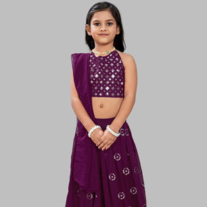 Conjunto de Lehenga Choli Largo con Espejo Morado para Niñas, Estilo Shoryam, con Dupatta, Ropa Étnica para Fiestas y Bodas, para Todas las Temporadas | - Product Image 1