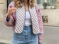 Veste matelassée en coton faite à la main pour femmes et filles, imprimé paisley rose/bleu, veste courte réversible, passepoil rayé, veste matelassée