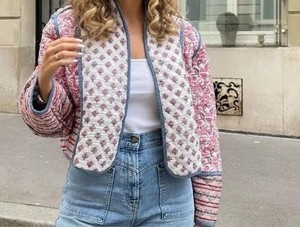 Veste matelassée en coton faite à la main pour femmes et filles, imprimé paisley rose/bleu, veste courte réversible, passepoil rayé, veste matelassée - Product Image 5