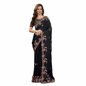 Sari décontracté en soie Rangoli pour femmes Trendmalls, lourdement brodé, pièce de chemisier non cousue (K954-Noir), mariage indien/pakistanais - Product Image 1