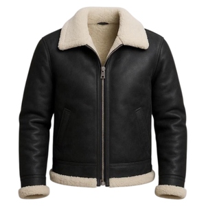 Blouson aviateur classique pour homme en peau de mouton avec doublure en fourrure épaisse - Product Image 5