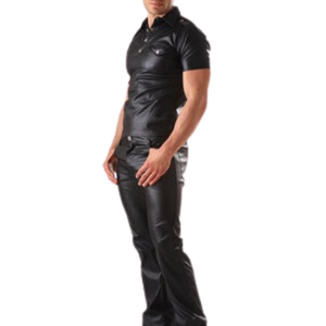 Chemise à manches courtes en similicuir pour homme, style noir, faux cuir, vêtements de club fétichistes, boutonnière sur le devant - Product Image 3