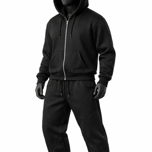 Conjunto de chándal de forro polar grueso para hombre, con sudadera con capucha negra de cremallera completa y pantalones jogger holgados, estilo urbano, OEM personalizado - Product Image 3