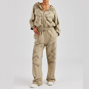 Survêtements personnalisés pour femmes avec strass, en tricot uni décontracté 100% coton, ensemble 2 pièces long, prix attractif, best-seller - Product Image 6