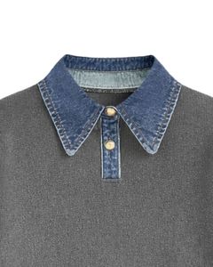 Manufacturer Women Grey Knit <b>Sweater</b> With Denim Collar <b>Long</b> Sleeve Pullover Casual Winter Top Soft Acrylic Blend Fashion Jumper - Product Image 4