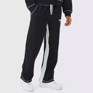 Survêtement Streetwear noir délavé à l'acide avec impression personnalisée Sweat à capuche surdimensionné et pantalon évasé à rayures contrastées Survêtements à pull - Product Image 5