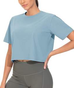 Top corto de verano para mujer, camiseta de Yoga de manga corta con cuello redondo y cuello redondo para correr, patrón sólido azul tinta con logotipo frontal - Product Image 3