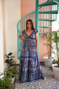 Vestido Largo Bohemio Gótico de Verano para Mujer, Estampado Floral Paisley, 100% Algodón, Escote Profundo en V, Mangas con Volantes, Natural - Product Image 4