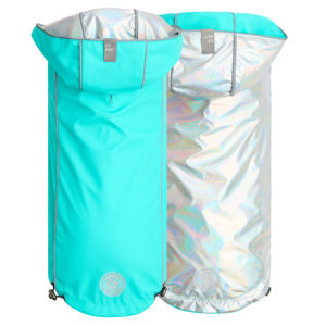 Impermeable Reversible Color Aqua Neón con Patrón Sólido Iridiscente y Característica Impermeable, Estilo Simple - Product Image 1