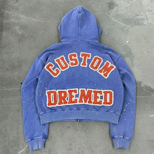 OEM Streetwear Letters Applique Embroidery Hoodie <b>Spray</b> Distressed Enzyme Wash Rhinestone Design Oversized Zip up Hoodie for Men - Product Image 4