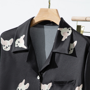 Pijamas de seda personalizados OEM, traje de mujer, ropa de dormir de lujo de manga larga, ropa de casa, pantalones, camisón negro con estampado de primavera y otoño - Product Image 4