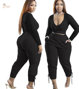 Vêtements pour femmes décontracté à manches longues haut court taille haute pantalon à cordon ensemble de pantalons deux pièces - Product Image 1