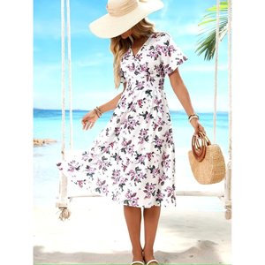 Vestido Midi de Punto Suprem con Estampado Floral y Cuello en V de Manga Corta para Mujer de Jane's, para Uso Diario Informal de Verano, Modelo 32715 - Product Image 3