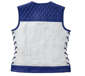 <b>Men's</b> Plus Size Quilted Leather <b>Vest</b> <b>White</b> Blue Lace-Up Moto Biker Style O-Neck Outerwear - Product Image 2