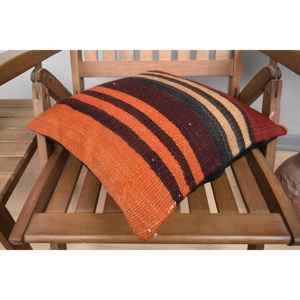 Almohada de lana de retazos Kilim tejida naranja rústica 16x16 pulgadas estampado Vintage antideslizante ecológico extraíble lavable decorativo - Product Image 4