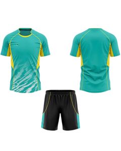 ชุดฟุตบอลสีเขียวอมฟ้าและสีดำพร้อมกางเกงขาสั้น ผลิตจากโพลีเอสเตอร์ระบายอากาศได้ดี เหมาะสำหรับการฝึกซ้อมและการแข่งขัน ชุดทีม - Product Image 1