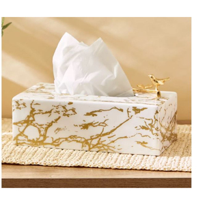 Boîte à mouchoirs de décoration de table élégante Boîte à mouchoirs en métal enduit de poudre blanche de qualité de luxe avec accent floral doré Fournitures pour la maison - Product Image 6