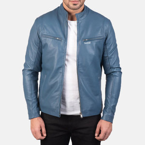 Solid Color Custom Made <b>Men</b> <b>Leather</b> <b>Jackets</b> with Multi Pockets Stand Collar Front Logo High Street Style Breathable Quick Dry - Product Image 1