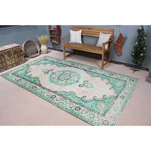 Alfombra vintage, alfombra grande de 5.2x9.2 pies, alfombra verde con lunares - Product Image 1