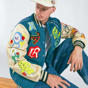 Blue OEM custom leather sleeve chain red embroidery <b>bomber</b> <b>baseball</b> vintage letterman varsity <b>jackets</b> - Product Image 4