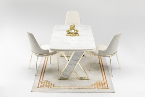 Juego de Muebles de Comedor Moderno y Elegante con Mesa Fija y 6 Sillas, con Materiales de Tela/Metal/MDF, un Complemento Estilizado para Cocina o Villa - Product Image 2