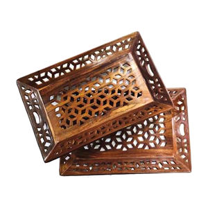 Ustensiles de cuisine Vaisselle Restaurants Plateaux de service Rectangulaire en bois naturel Plateaux de service 2 Set avec poignée pour table Barware - Product Image 3