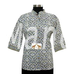 100% Cotton <b>Indian</b> Hand Block Printed Tunics <b>Tops</b> Women's Casual Ethnic Wear Collar Shirt Similar to a Gown - Product Image 4