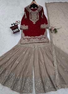 DESIGNER GEORGETTE VRAI MIROIR CODAGE SÉQUENCE BRODERIE TRAVAIL TOP SHARARA AVEC DUPATTA MAROON - Product Image 6