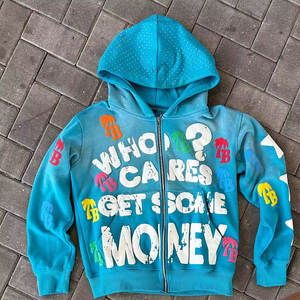 Fabricante personalizado francés Terry 100% algodón Vintage ácido lavado de gran tamaño rhinestone 3D puff estampado Zip Up HOODIE hombres 2024 - Product Image 4