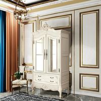 Armoire de style français, placards et penderies, couleur blanche, deux portes miroir, panneau MDF, bois sculpté, bois de mahogany massif pour ensemble de chambre à coucher