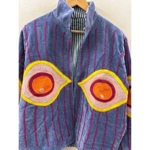 Autumn Boho <b>Reversible</b> <b>Jacket</b> Awakened Eye-Suzani Hand-Embroidered Velvet Stand Collar Slate Blue Saffron Magenta Bomber Style - Product Image 1