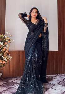 Sari non cousu en tissu georgette monochrome noir, broderie, dernière collection exclusive, tenue ethnique de mariée, tenue de fête, mariages, look époustouflant - Product Image 2