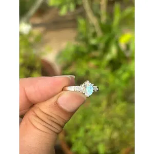 925 Silver Rainbow Moonstone <b>Adjustable</b> <b>Ring</b> Trendy Rose Gold Plated Stainless Steel Inlay 18K Plating Color for Engagement - Product Image 2