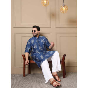 Kurta pour homme Amanush en nylon bleu imprimé oiseaux tropicaux, grande taille, col mandarin, manches trois quarts, coupe ample, tenue d'été - Product Image 1