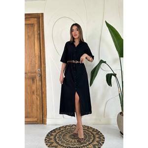 Vestido de Lino Negro de Manga Corta - Negro - Product Image 2