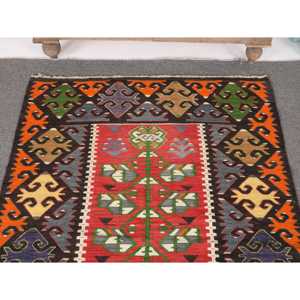 Tapis d'appoint vintage Kilim 3,4x4,7 pi (104x144 cm), tapis turc en laine rouge persan - Product Image 3