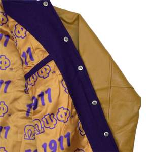 Veste Letterman pour hommes Corps en laine cachemire violet et manches en cuir véritable doré Vêtements grecs Fraternité Varsity Outerwear - Product Image 3