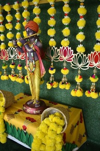 Guirlandes de lotus à 3 pieds avec souci et pompon Diwali Fond de scène pour mariage ou photo pour décoration indienne ou américaine - Product Image 4