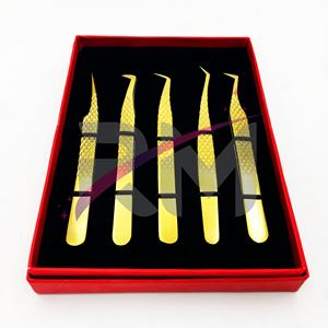 Ensemble de pinces à cils en acier inoxydable Plasma or RMI Full Shin / Diamond Grip /5/2/1 pince à épiler dans un emballage de boîte de carte noire - Product Image 1