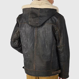 Veste en cuir avec col montant en laine, veste décontractée d'hiver pour homme, manteau imperméable en fourrure de mouton, style aviateur d'hiver pour homme - Product Image 3