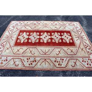 พรมตุรกีโบราณขนาดใหญ่6.4x8.5ฟุตคลาสสิกสีแดงเบจแอบสแตรกต์ลวดลายขนสัตว์วัสดุขนแกะขนาด10มม. สำหรับตกแต่งห้องโถง - Product Image 4