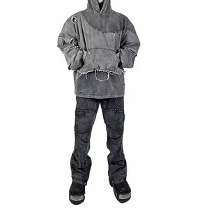 Custom Streetwear Ripped Hoodies Hombres Stone Acid Wash Doble capa Raw Hem Sudadera con capucha desgastada para hombres - Product Image 3