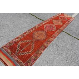 Tapis Kilim turc vintage rouge marron Patchwork Design 28 'X 121' taille laine matériel avec support en Latex pour décor de chambre d'adolescent - Product Image 2