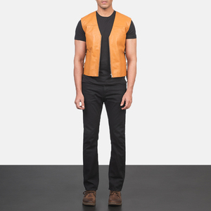 Tan Brown Genuine Leather Canvas Mens Vintage Style Fashion Vest with Quilted Lining Two Two Pockets <b>Covered</b> Button Closure - Product Image 2