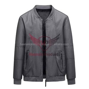 Blouson bombardier en cuir d'agneau véritable gris et noir élégant pour hommes pour l'hiver personnalisé en gros - Product Image 4
