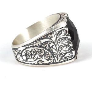 Handcrafted Vintage 925 Sterling Silver Men's <b>Ring</b> Faceted Onyx Bezel Setting Coral Pen-Shaped Design for Wedding Engagement - Product Image 4