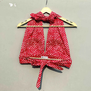 Red Lehariya Knitted <b>Top</b> with <b>Halter</b> <b>Neck</b> Sleeveless and Back Knot Short Length Embroidery Hollow Out - Product Image 2